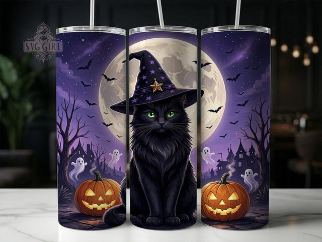 Black Cat Halloween 20oz Tumbler, Black cat design, Halloween tumbler wrap, 20oz skinny tumbler, Black cat halloween, Spooky cat print, Sublimation halloween design Sublimation SvggirlplusArt 