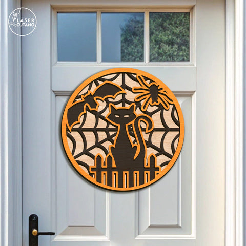 Black Cat Halloween Door Hanger Laser Cut File – Layered Round Sign with Spider and Bat, SVG for Glowforge and Laser Cutting Machines SVG LaserCutano 