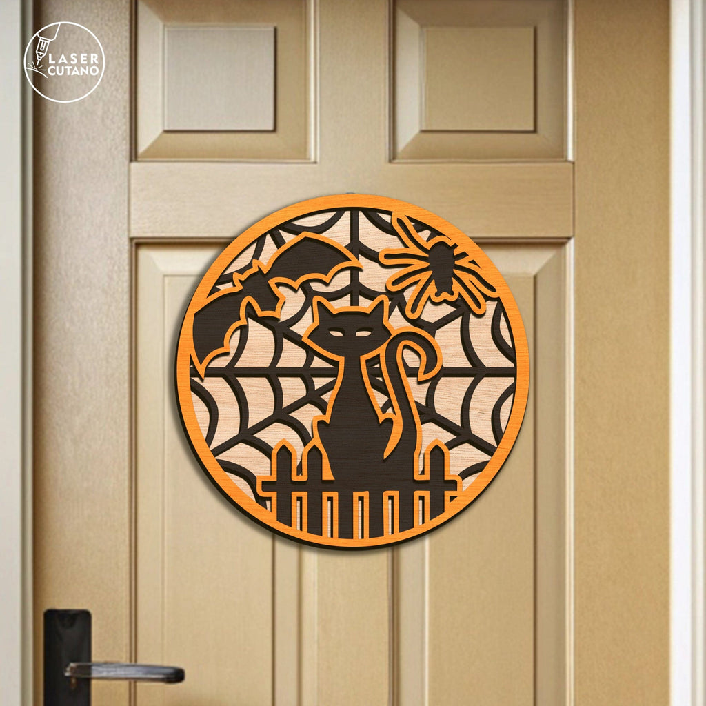 Black Cat Halloween Door Hanger Laser Cut File – Layered Round Sign ...