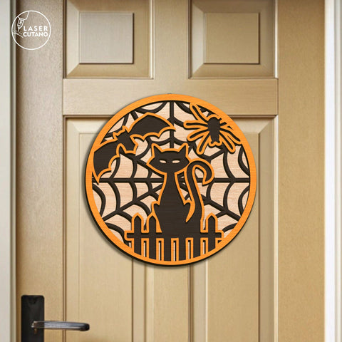Black Cat Halloween Door Hanger Laser Cut File – Layered Round Sign with Spider and Bat, SVG for Glowforge and Laser Cutting Machines SVG LaserCutano 