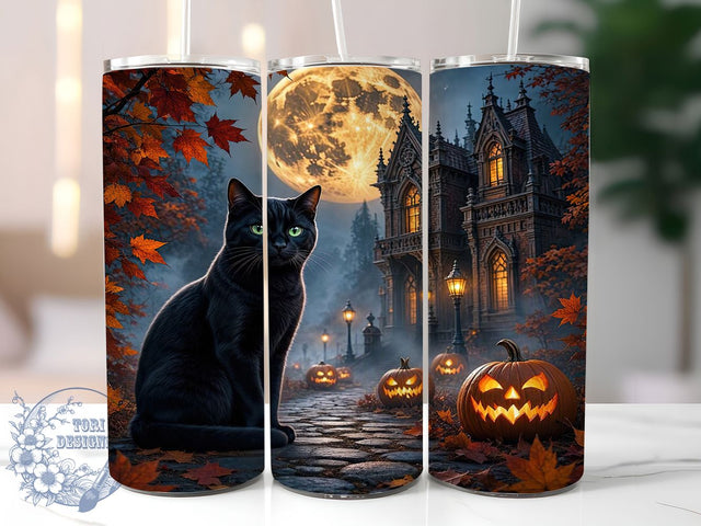 Black Cat Halloween Moon 20oz Tumbler, Black Cat, Halloween Theme, Moon Motif, Spooky Style, Mystical Charm, 20oz Wrap, Sublimation Tumbler Sublimation ToriDesigns 
