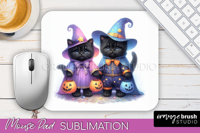 Black Cat Mouse Pad, Cute Halloween Mousepad Sublimation Sublimation OrangeBrushStudio 
