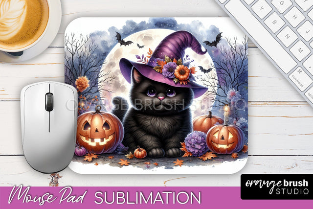 Black Cat Mouse Pad, Cute Halloween Mousepad Sublimation Sublimation OrangeBrushStudio 
