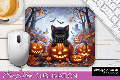 Black Cat Mouse Pad, Cute Halloween Mousepad Sublimation Sublimation OrangeBrushStudio 