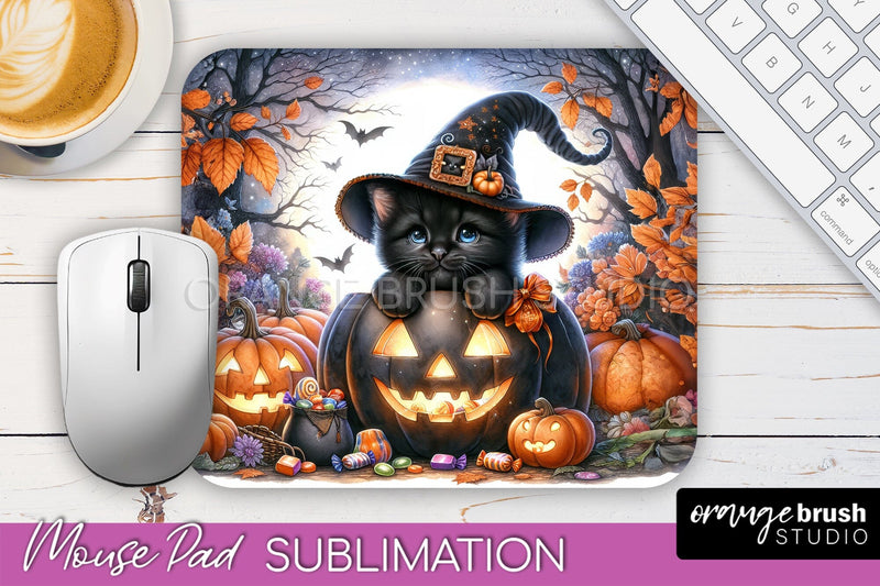Black Cat Mouse Pad, Cute Halloween Mousepad Sublimation Sublimation OrangeBrushStudio 