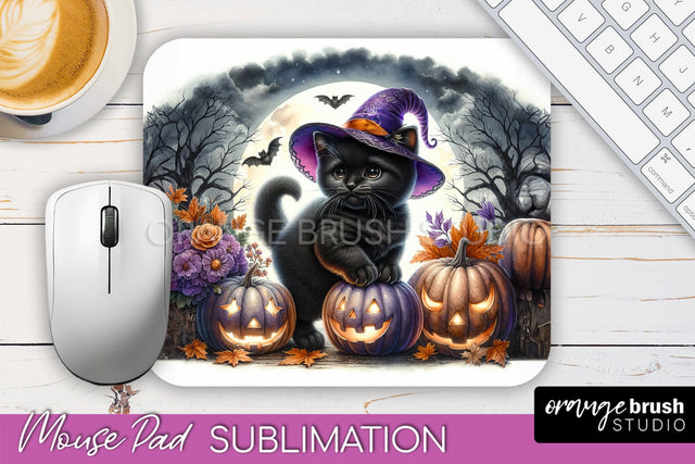 Black Cat Mouse Pad, Cute Halloween Mousepad Sublimation Sublimation OrangeBrushStudio 