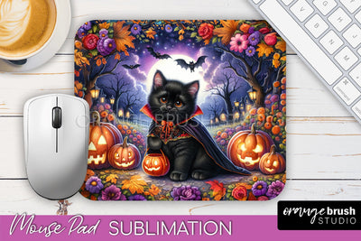 Black Cat Mouse Pad, Cute Halloween Mousepad Sublimation Sublimation OrangeBrushStudio 
