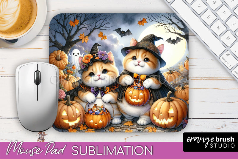 Black Cat Mouse Pad, Cute Halloween Mousepad Sublimation Sublimation OrangeBrushStudio 