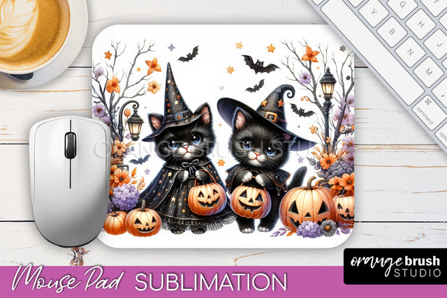 Black Cat Mouse Pad, Cute Halloween Mousepad Sublimation Sublimation OrangeBrushStudio 
