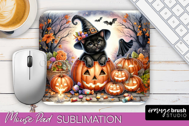 Black Cat Mouse Pad, Cute Halloween Mousepad Sublimation Sublimation OrangeBrushStudio 