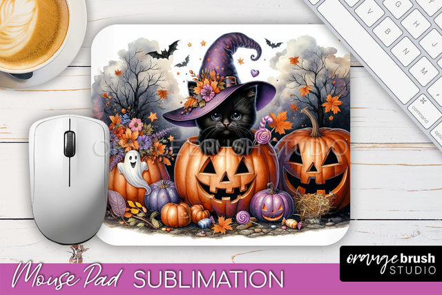Black Cat Mouse Pad, Cute Halloween Mousepad Sublimation Sublimation OrangeBrushStudio 