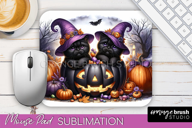 Black Cat Mouse Pad, Cute Halloween Mousepad Sublimation Sublimation OrangeBrushStudio 