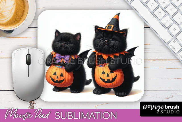Black Cat Mouse Pad, Cute Halloween Mousepad Sublimation Sublimation OrangeBrushStudio 