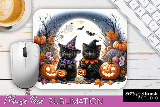 Black Cat Mouse Pad, Cute Halloween Mousepad Sublimation Sublimation OrangeBrushStudio 