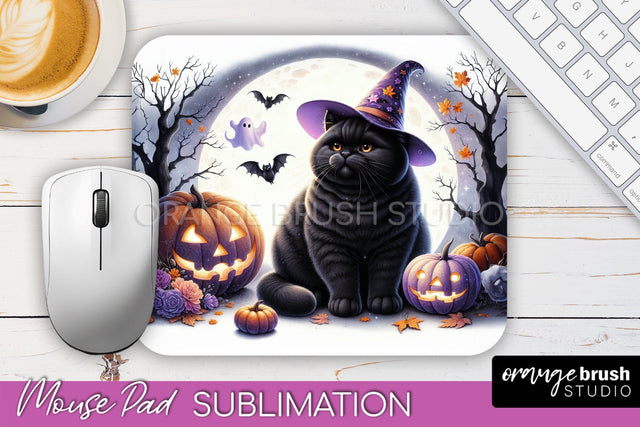 Black Cat Mouse Pad, Cute Halloween Mousepad Sublimation Sublimation OrangeBrushStudio 