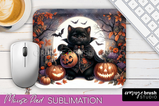 Black Cat Mouse Pad, Cute Halloween Mousepad Sublimation Sublimation OrangeBrushStudio 