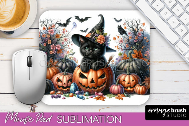 Black Cat Mouse Pad, Cute Halloween Mousepad Sublimation Sublimation OrangeBrushStudio 