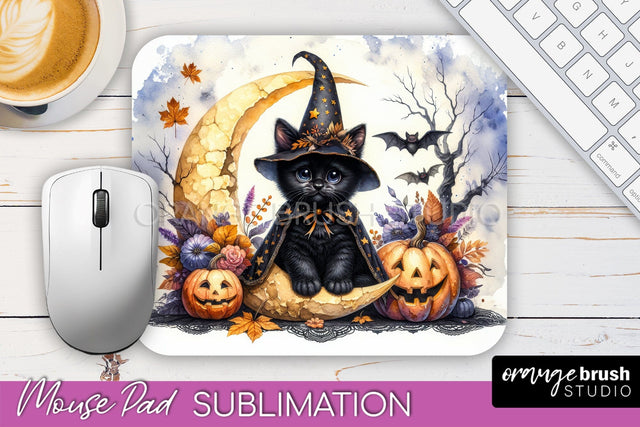 Black Cat Mouse Pad, Cute Halloween Mousepad Sublimation Sublimation OrangeBrushStudio 