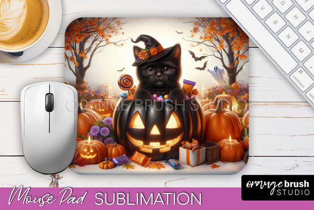 Black Cat Mouse Pad, Cute Halloween Mousepad Sublimation Sublimation OrangeBrushStudio 