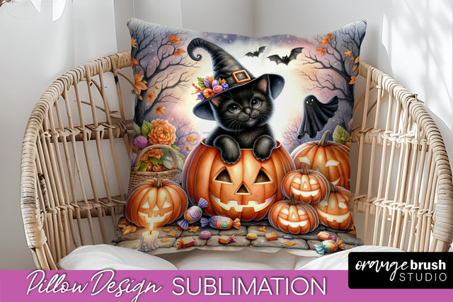 Black Cat Pillow Cover - Cute Halloween Pillow Sublimation Sublimation OrangeBrushStudio 