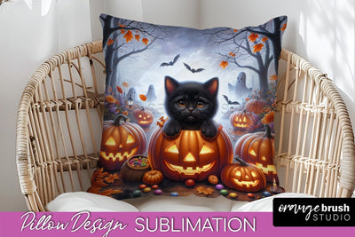 Black Cat Pillow Cover - Cute Halloween Pillow Sublimation Sublimation OrangeBrushStudio 