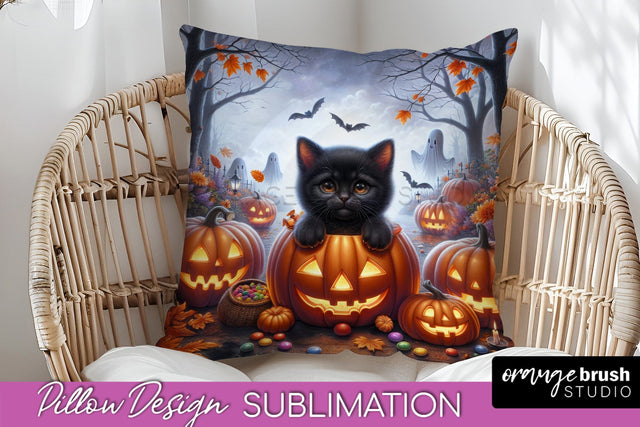 Black Cat Pillow Cover - Cute Halloween Pillow Sublimation Sublimation OrangeBrushStudio 