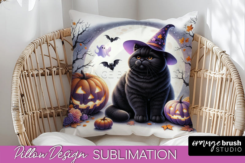 Black Cat Pillow Cover - Cute Halloween Pillow Sublimation Sublimation OrangeBrushStudio 