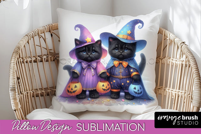Black Cat Pillow Cover - Cute Halloween Pillow Sublimation Sublimation OrangeBrushStudio 