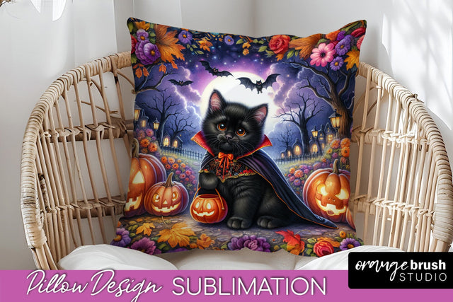 Black Cat Pillow Cover - Cute Halloween Pillow Sublimation Sublimation OrangeBrushStudio 
