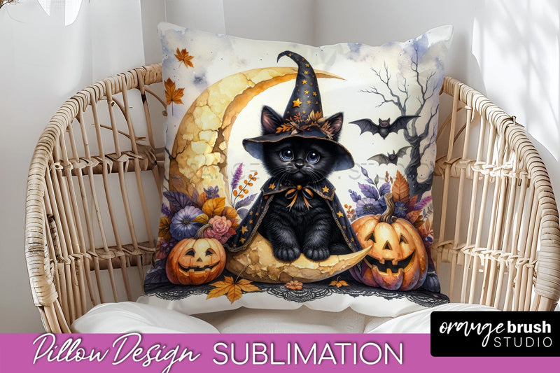 Black Cat Pillow Cover - Cute Halloween Pillow Sublimation Sublimation OrangeBrushStudio 
