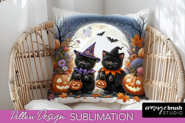 Black Cat Pillow Cover - Cute Halloween Pillow Sublimation Sublimation OrangeBrushStudio 