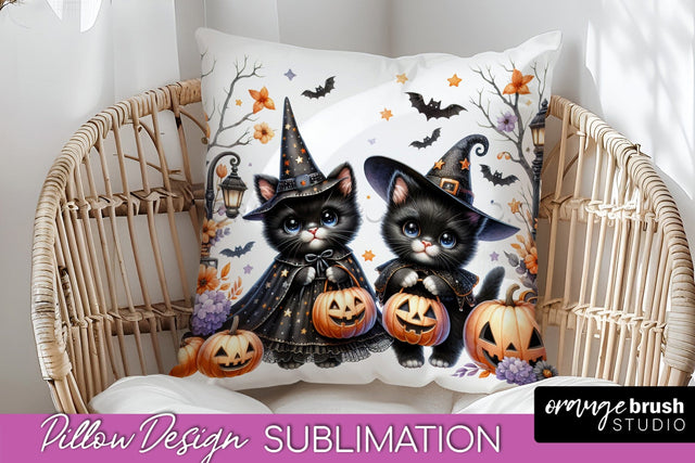 Black Cat Pillow Cover - Cute Halloween Pillow Sublimation Sublimation OrangeBrushStudio 