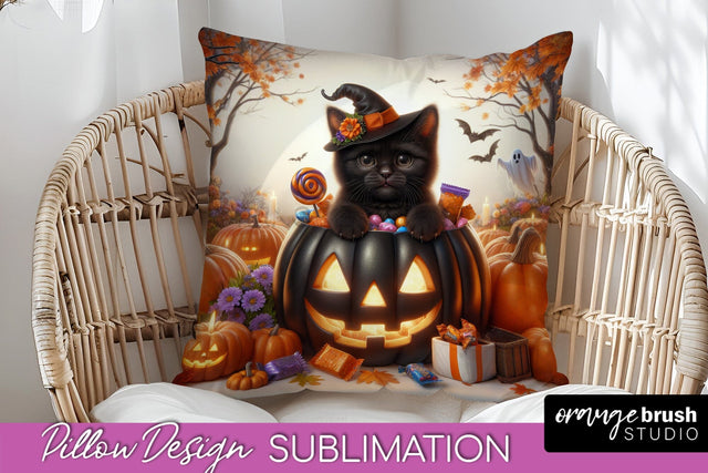 Black Cat Pillow Cover - Cute Halloween Pillow Sublimation Sublimation OrangeBrushStudio 