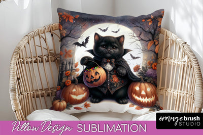 Black Cat Pillow Cover - Cute Halloween Pillow Sublimation Sublimation OrangeBrushStudio 