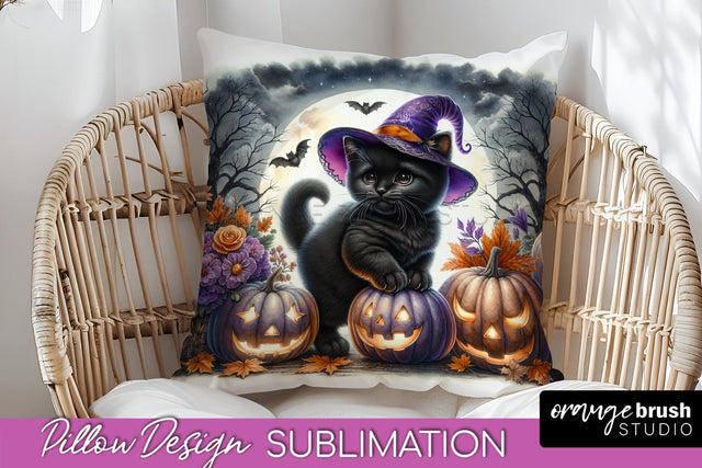 Black Cat Pillow Cover - Cute Halloween Pillow Sublimation Sublimation OrangeBrushStudio 