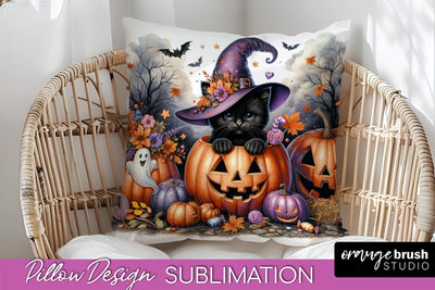 Black Cat Pillow Cover - Cute Halloween Pillow Sublimation Sublimation OrangeBrushStudio 