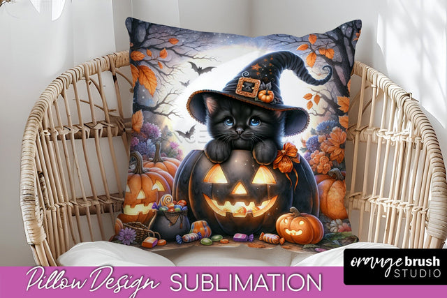 Black Cat Pillow Cover - Cute Halloween Pillow Sublimation Sublimation OrangeBrushStudio 