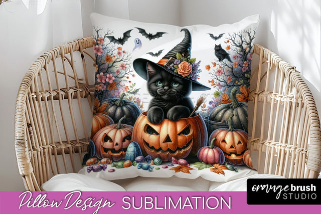 Black Cat Pillow Cover - Cute Halloween Pillow Sublimation Sublimation OrangeBrushStudio 