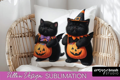 Black Cat Pillow Cover - Cute Halloween Pillow Sublimation Sublimation OrangeBrushStudio 