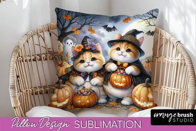 Black Cat Pillow Cover - Cute Halloween Pillow Sublimation Sublimation OrangeBrushStudio 
