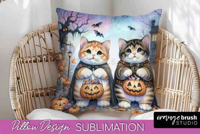 Black Cat Pillow Cover - Cute Halloween Pillow Sublimation Sublimation OrangeBrushStudio 