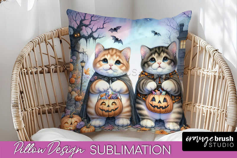 Black Cat Pillow Cover - Cute Halloween Pillow Sublimation Sublimation OrangeBrushStudio 