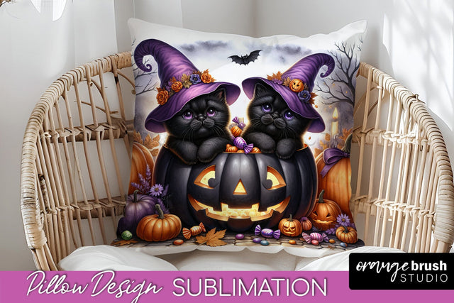 Black Cat Pillow Cover - Cute Halloween Pillow Sublimation Sublimation OrangeBrushStudio 