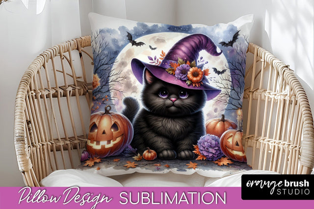 Black Cat Pillow Cover - Cute Halloween Pillow Sublimation Sublimation OrangeBrushStudio 
