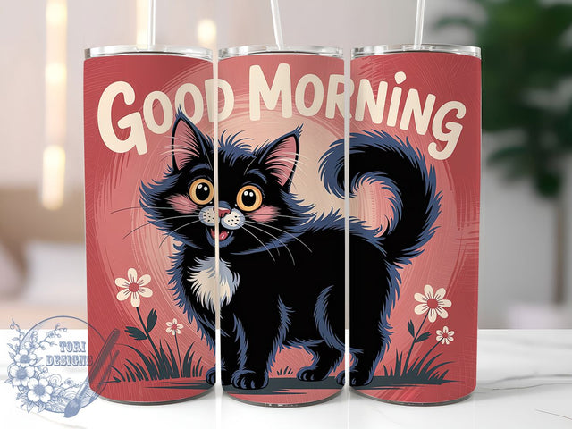 Black Cat Positive Morning Tumbler, Positive Morning Cup, Cat Lover Drinkware, Cute Kitty Sublimation Wrap, Cat Mom Coffee Tumbler, Uplifting Cat Design, Animal Lover Gift Sublimation ToriDesigns 