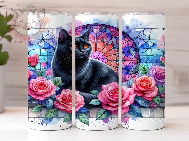 Black Cat Stained Glass Halloween 20oz Tumbler Png, Straight & Tapered Tumbler Png, Black Cat Tumbler Png, Digital Download PNG Sublimation Lara' s Designs 