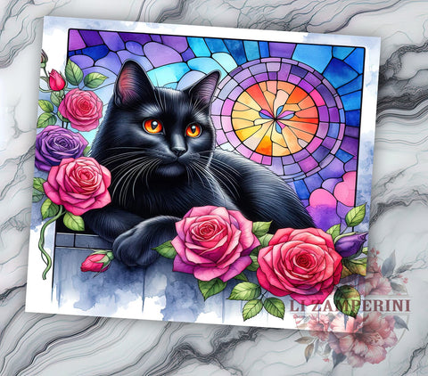 Black Cat Stained Glass Halloween 20oz Tumbler Wrap PNG, Black Cat Tumbler Png, Straight & Tapered Tumbler Wrap, Instant Digital Download Sublimation Li Zamperini 