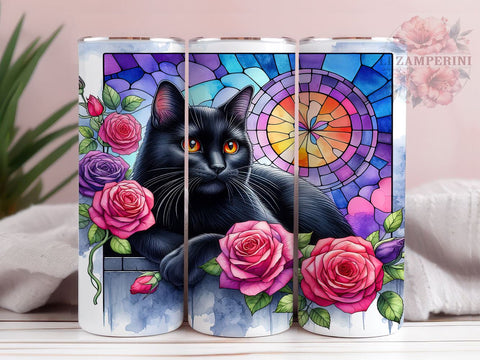Black Cat Stained Glass Halloween 20oz Tumbler Wrap PNG, Black Cat Tumbler Png, Straight & Tapered Tumbler Wrap, Instant Digital Download Sublimation Li Zamperini 