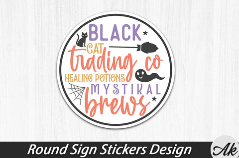 Black cat trading co healing potions mystical brews Round Sign Stickers Design SVG akazaddesign 