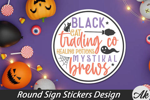 Black cat trading co healing potions mystical brews Round Sign Stickers Design SVG akazaddesign 
